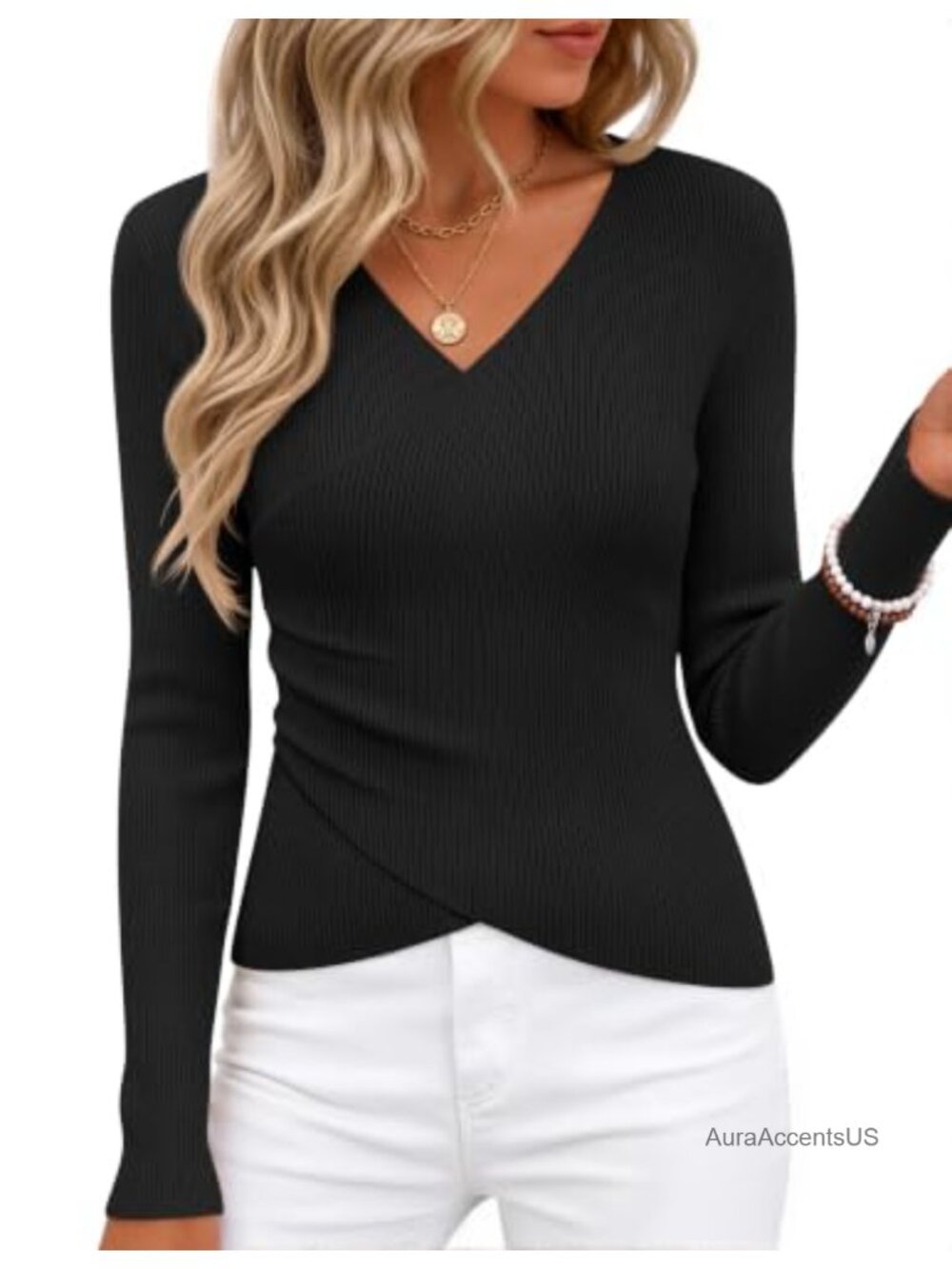 Women's Wrap V-Neck Ruched Long Sleeve Sweater Top Ribbed Knit